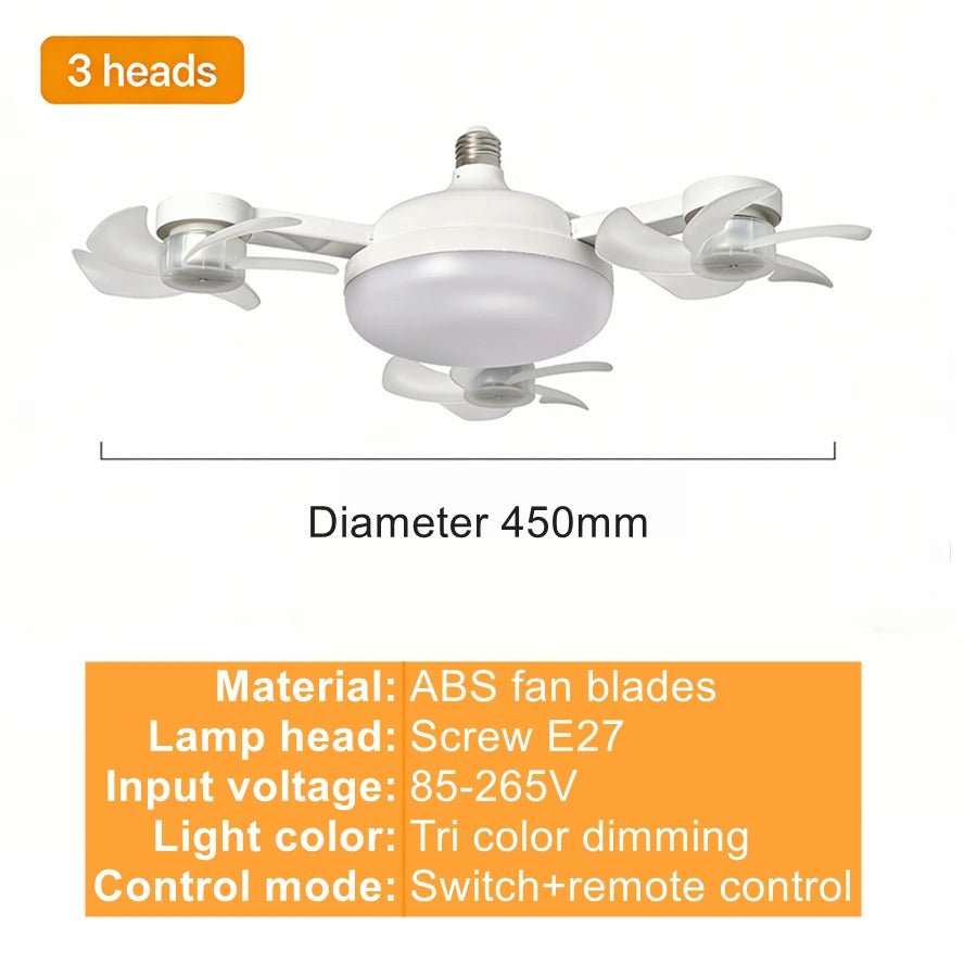 E27 3/4 Head 2-in-1 Ceiling Fan Light Drone Design Fan Lighting Bulb with Remote Control AC85-265V for Home Restaurant Bedroom